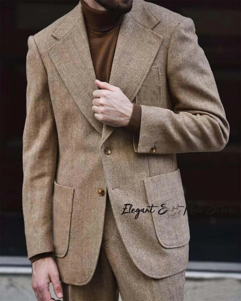 Herringbone pattern Kent blazer Pants Retro Italian style Men's Business Suit Set (Jacket+trousers）tall men tailored suit set