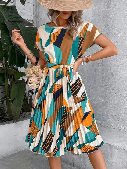 Elegant Print Lace-up Dress Summer Women Round Neck Pleated Medium Long Dress