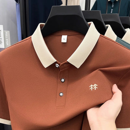 Designer brand silk cotton short sleeve polo shirt summer new Korean casual men's T-shirt fashion embossed soft breathable top