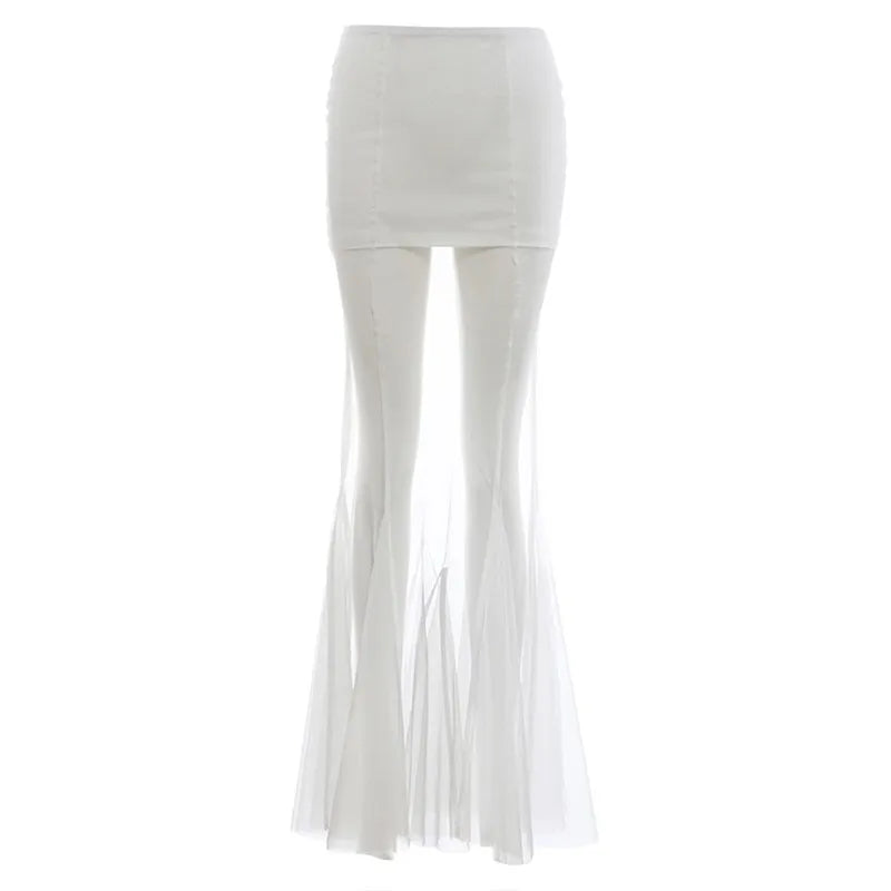 Mesh Patchwork Long Skirt Woman Summer Trend Elastic Waist Skinny Peach Hip Hot Girls Street Elegant Fashion Style Bottom