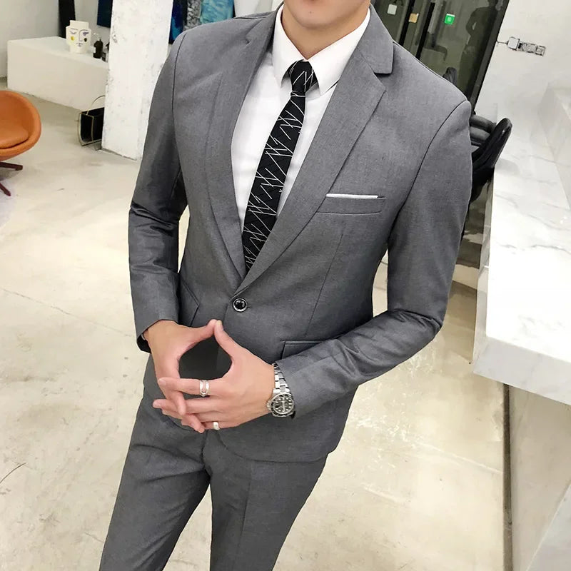 ( Jacket + Pants ) Fashion Boutique Solid Color Casual Business Mens Suit Groom Wedding Men Formal Social Suit Blazer 2 Pcs Set