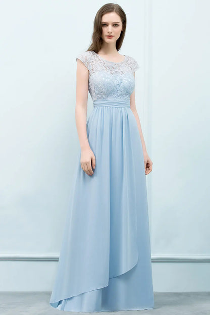 Light Blue Chiffon Long Bridesmaid Dresses Women 2024 Elegant Cap Sleeve Lace Formal Party Gowns Evening Prom