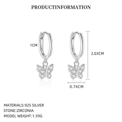 925 Sterling Silver Earring Fashion Geometry Butterfly Zircon Asymmetry Pearl Drop Earring Simple Temperament Trend Women Ear Je