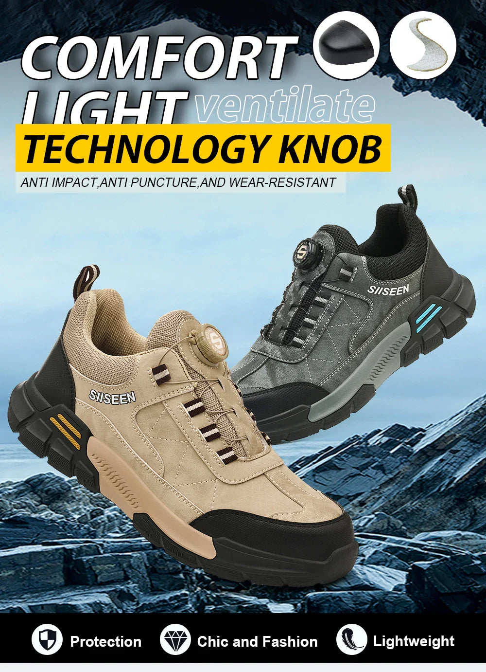 Men's Steel-Toed Safety Shoes With Anti-Crush, Anti-Puncture And Anti-Slip Soles, Fashionable Button Industrial Work Shoes