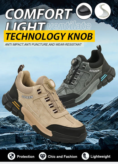 Men's Steel-Toed Safety Shoes With Anti-Crush, Anti-Puncture And Anti-Slip Soles, Fashionable Button Industrial Work Shoes