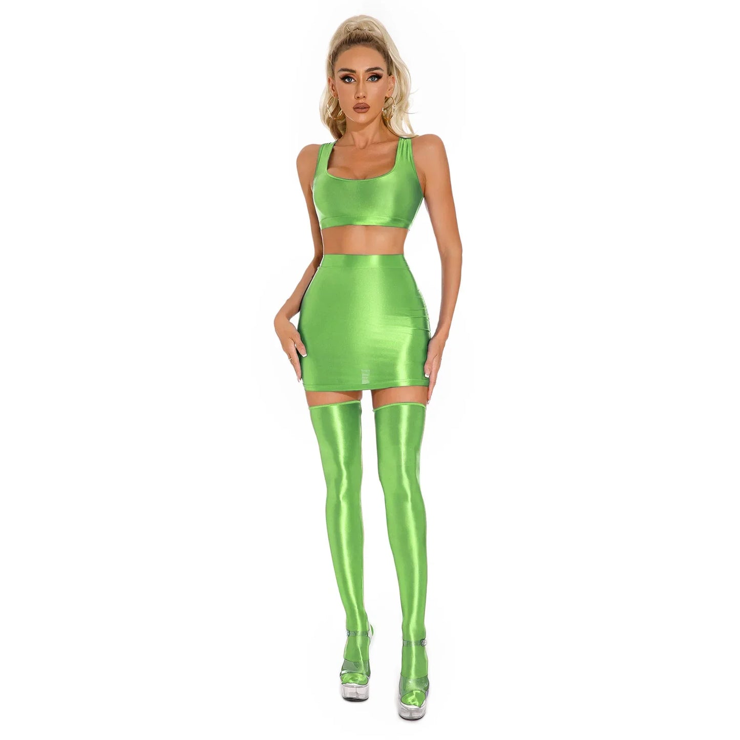 Womens Glossy Lingerie Sleeveless Crop Tank Tops Low Rise Miniskirt with Thigh High Stockings Pool Party Pole Dance Clubwear