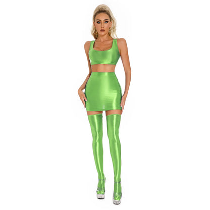 Womens Glossy Lingerie Sleeveless Crop Tank Tops Low Rise Miniskirt with Thigh High Stockings Pool Party Pole Dance Clubwear
