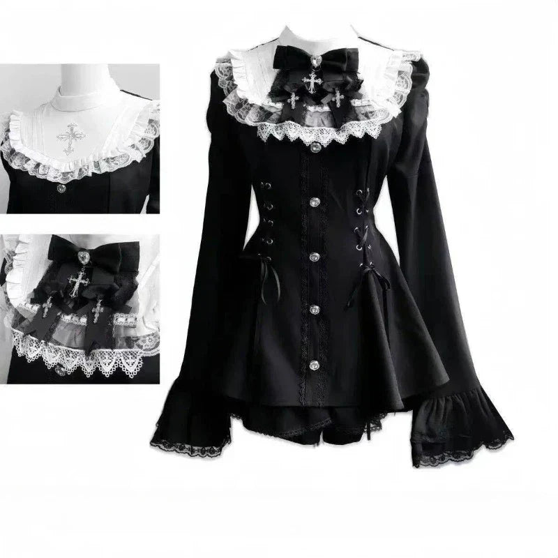Y2k Aesthetic Lolita Style Bow Dress Shorts Set Japanese Women Gothic Lace Flare Sleeve Button Shirt Dress Punk Party Mini Dress