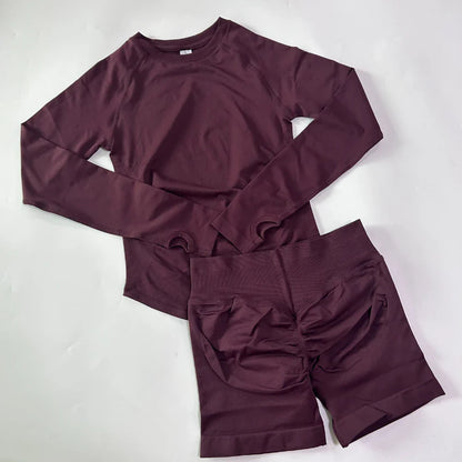 2 Pieces Set Women Longline Long Sleeve Gym Crop Top High Waist Workout Shorts Sports Suit Fitness Clothes Seamless Yoga Set