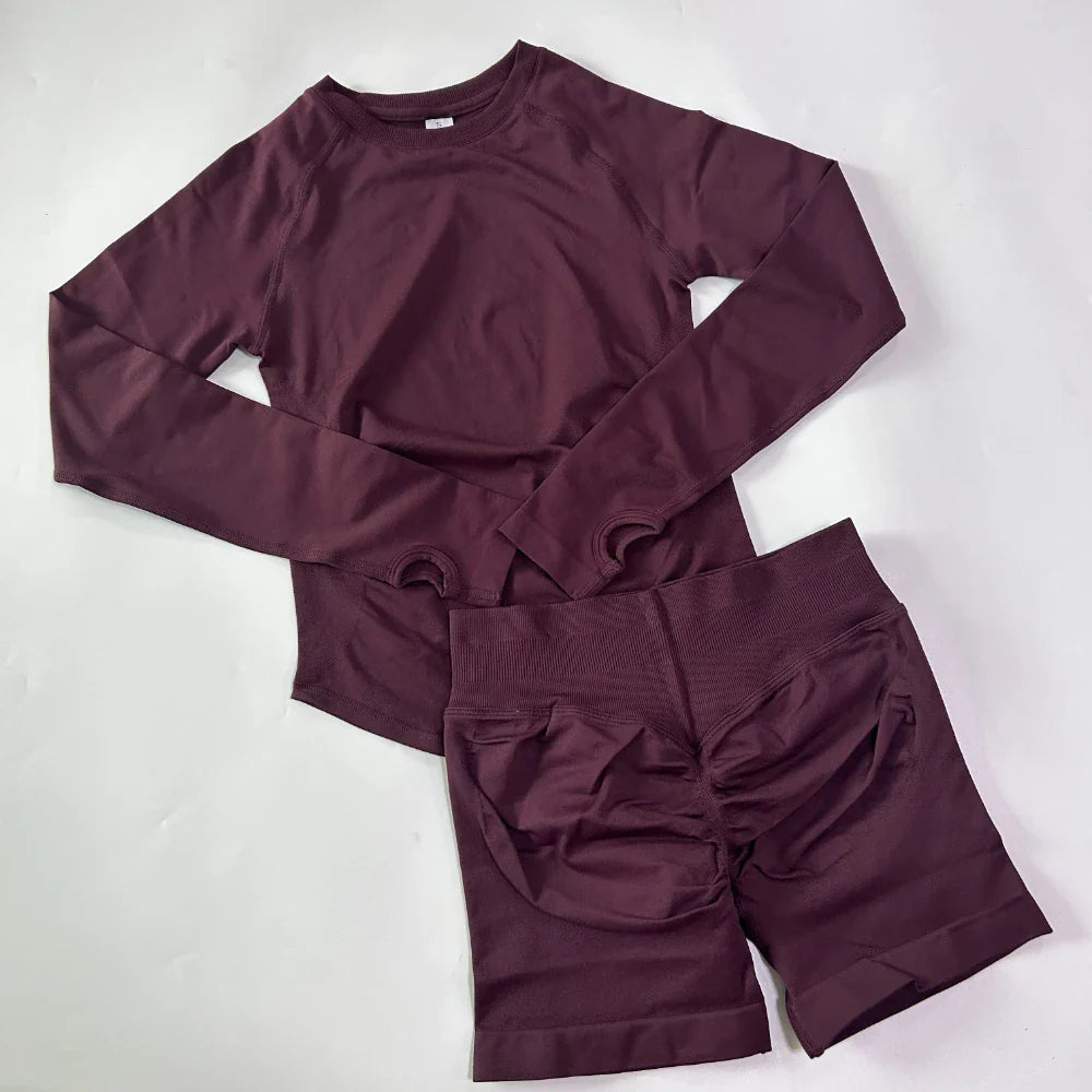 2 Pieces Set Women Longline Long Sleeve Gym Crop Top High Waist Workout Shorts Sports Suit Fitness Clothes Seamless Yoga Set