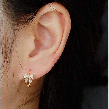 925 Sterling Silver Sweet Korean Bow Huggies Hoop Earrings for Women Fashion Cute Teen Birthday Party Girl Jewelry Gift