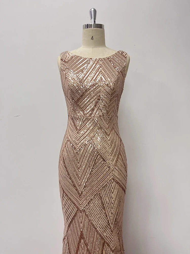 Women Elegant Short Sleeve Mermaid Glittering Sequin Long Prom Dress V With Zipper Back Formal Dress