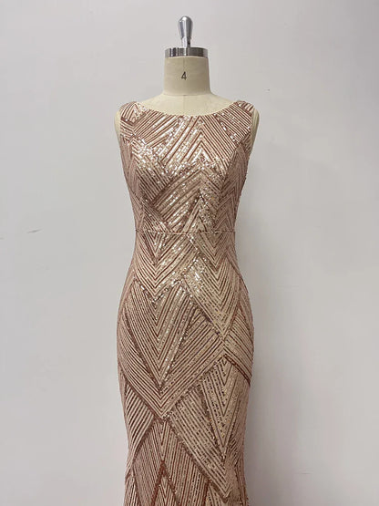 Women Elegant Short Sleeve Mermaid Glittering Sequin Long Prom Dress V With Zipper Back Formal Dress