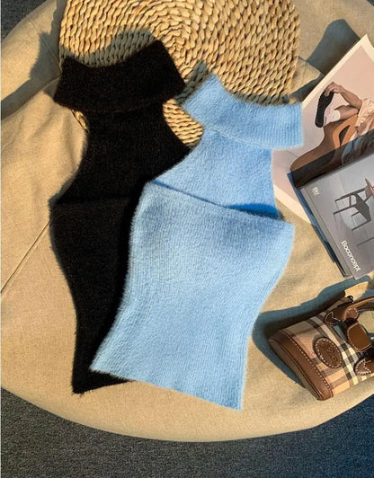 Spice Girl Hair Halter Neck Camisole Female Imitation Mink Inside Tank Top  Autumn and Winter Design Sense Knitted Bandeau Top