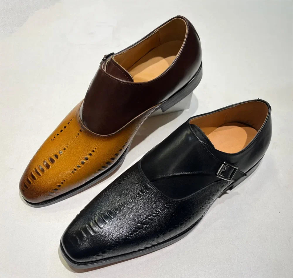 Luxury Men's Loafers Genuine Leather Men's Slip on Wedding Party Formal Shoes Metal Buckle Round Toe Men's Dress Shoes