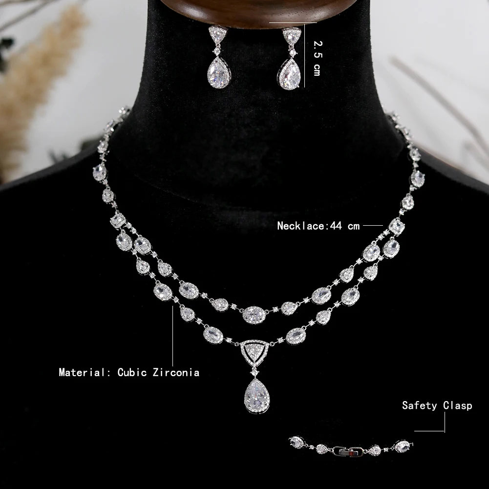 White Transparent Two-layer Water Drop 2PCS Crystal Necklace and Earring Zircon Jewelry Sets Wedding Party Bridal Accessories