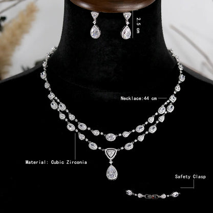 White Transparent Two-layer Water Drop 2PCS Crystal Necklace and Earring Zircon Jewelry Sets Wedding Party Bridal Accessories