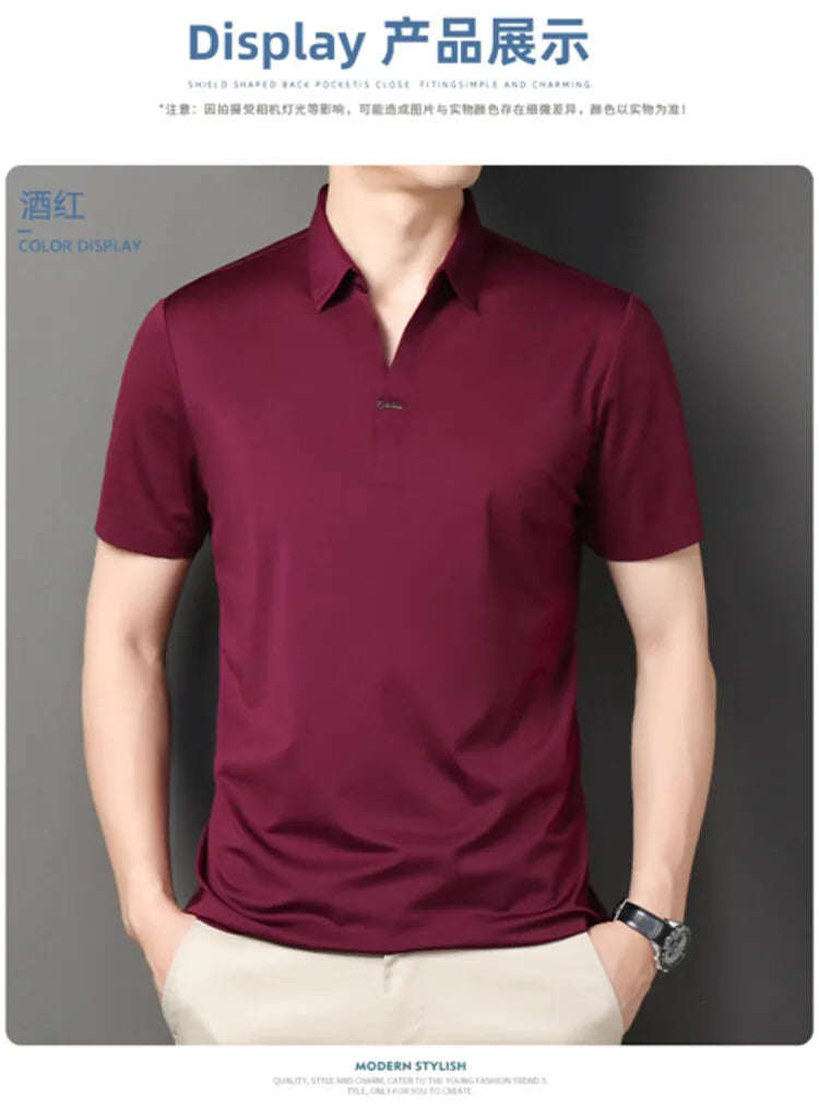 2024 High-quality Elastic Stretch POLO, Business Casual Men's Short-sleeved Shirt, Seamless V-neck M-4XL Men's Polo Shirt