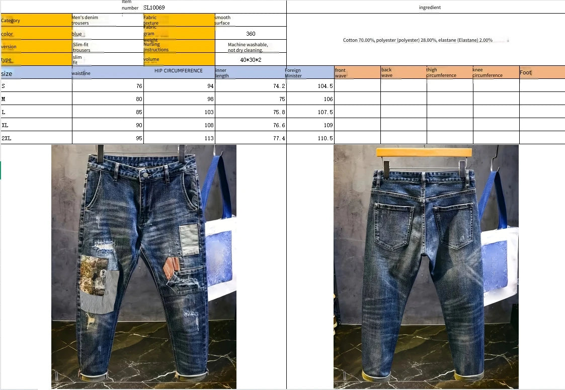 Calça Jeans Masculina Rasgada com Aplique de Urso e Detalhes de Strass, Modelo Retrô Solto Clássico, Marca Tendência Streetwear