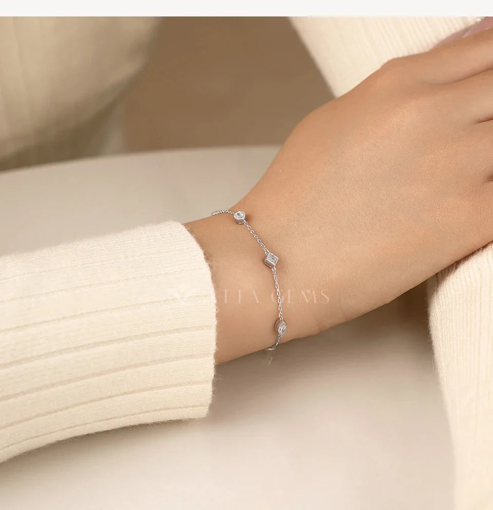 Mixed Cut Bezel Moissanite Bracelets for Women S925 Silver Adjustable Extension Chain Popular Jewelry for Wedding Party