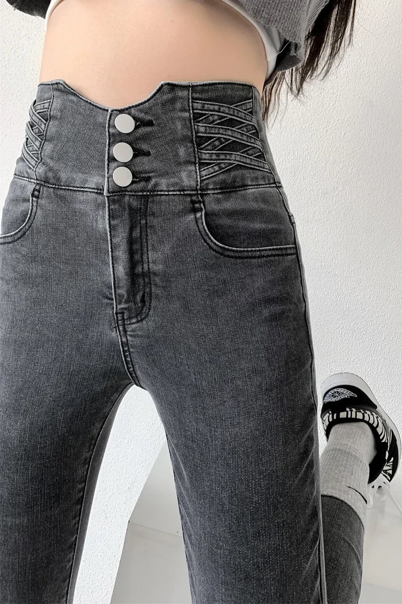 Y2K Jeans Four Buttons Vintage High Waist Women Slim Stretch Denim Pants