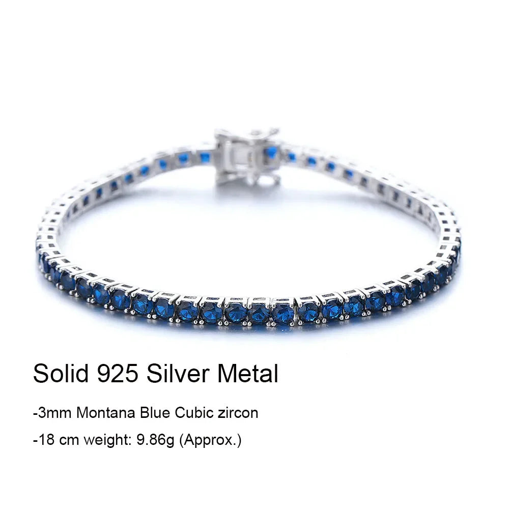 925 Silver Tennis Bracelet, 3mm Pave CZ, Dark Ruby/Rainbow/Blue/Green/Black, Eternity Design, Fine Jewelry for Women