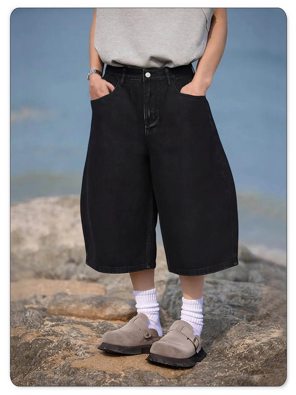 Summer American Style Retro Black Ultra Baggy Machete Wide Leg Denim Shorts Fashion Men's Women's Daily Jeans Capris Jeans