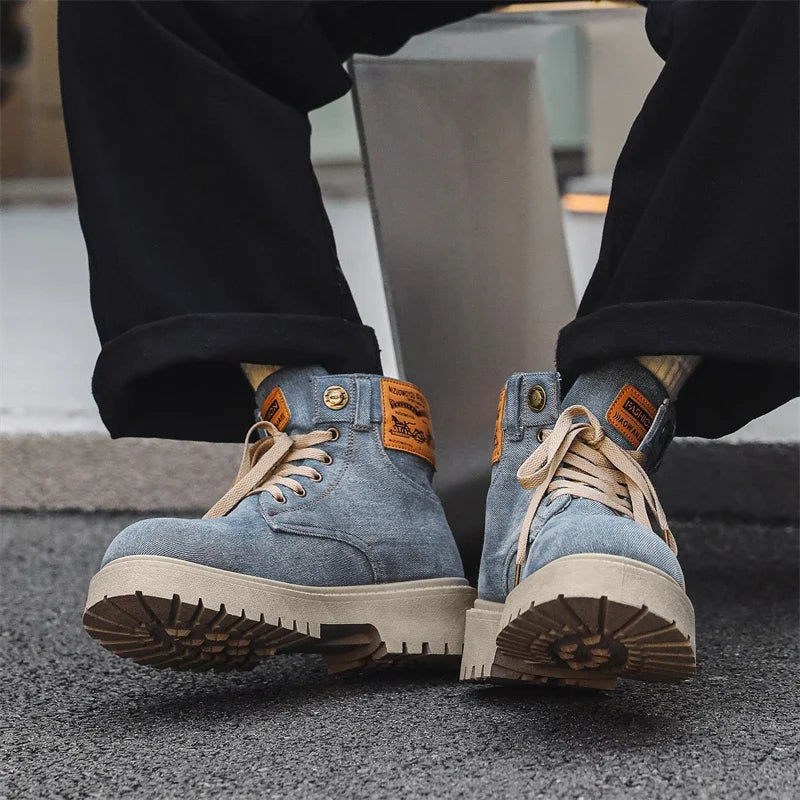 Breathable Men Boots Winter Denim Cloth Mens Ankle Boots Retro Work Boots Platform Men Casual Shoes Handmade High Top Shoes