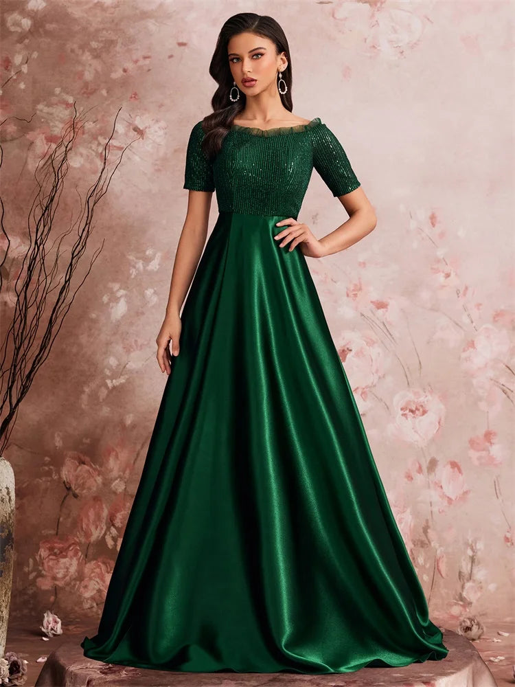 Luxury Green Sequins Off-shoulder Evening Dress 2025 Women Satin Wedding Party Prom Floor Lenght Cocktail Graduation Gown