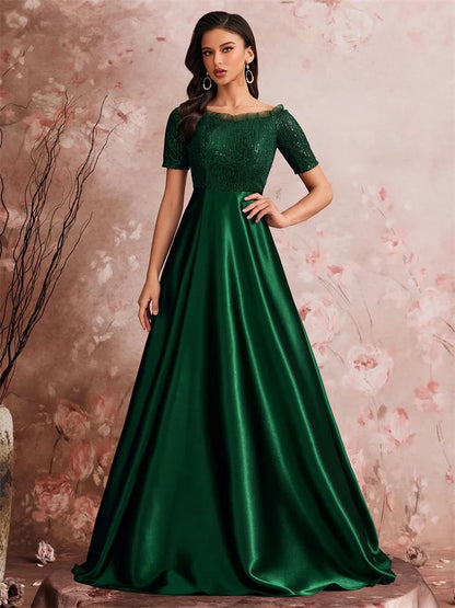 Luxury Green Sequins Off-shoulder Evening Dress 2025 Women Satin Wedding Party Prom Floor Lenght Cocktail Graduation Gown