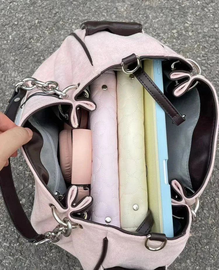 Bolsa Tote Feminina Rosa Vintage Y2K Gótica Estética Grande Capacidade Bordado Letra Retrô Corrente Grunge Viagem Ombro