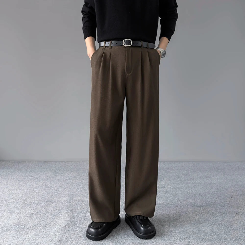 Spring New Loose Straight Pants Men Elastic Waist Double Pleats Wide Legs Casual Drape Fashionable Anti-wrinkle Trousers