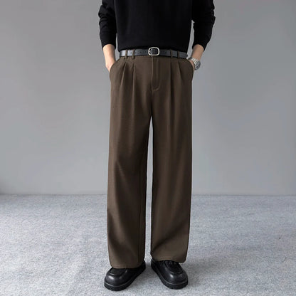 Spring New Loose Straight Pants Men Elastic Waist Double Pleats Wide Legs Casual Drape Fashionable Anti-wrinkle Trousers