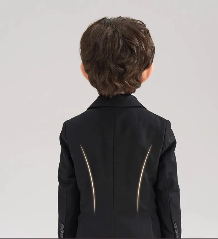 Korea Boys Black Suit For Wedding Children Jacket Vest Pants Tie 4Pcs Ceremony Tuxedo Dress Kids Photograph Performance Costume