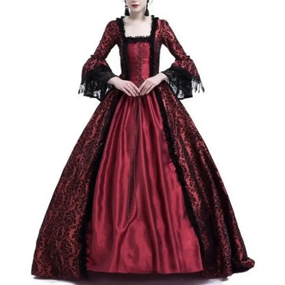 Women Vintage Medieval Gothic Square Neck Flare Sleeve Lace Patchwork Maxi Dress  bodycon dress  dresses