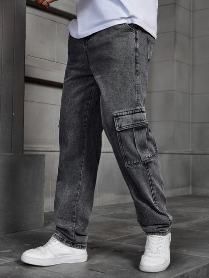 Men's Fashionable Multi-pocket Rrey Cargo Jeans Durable Non-stretch Workwear Denim Trousers Men's Pants Size XS-XL