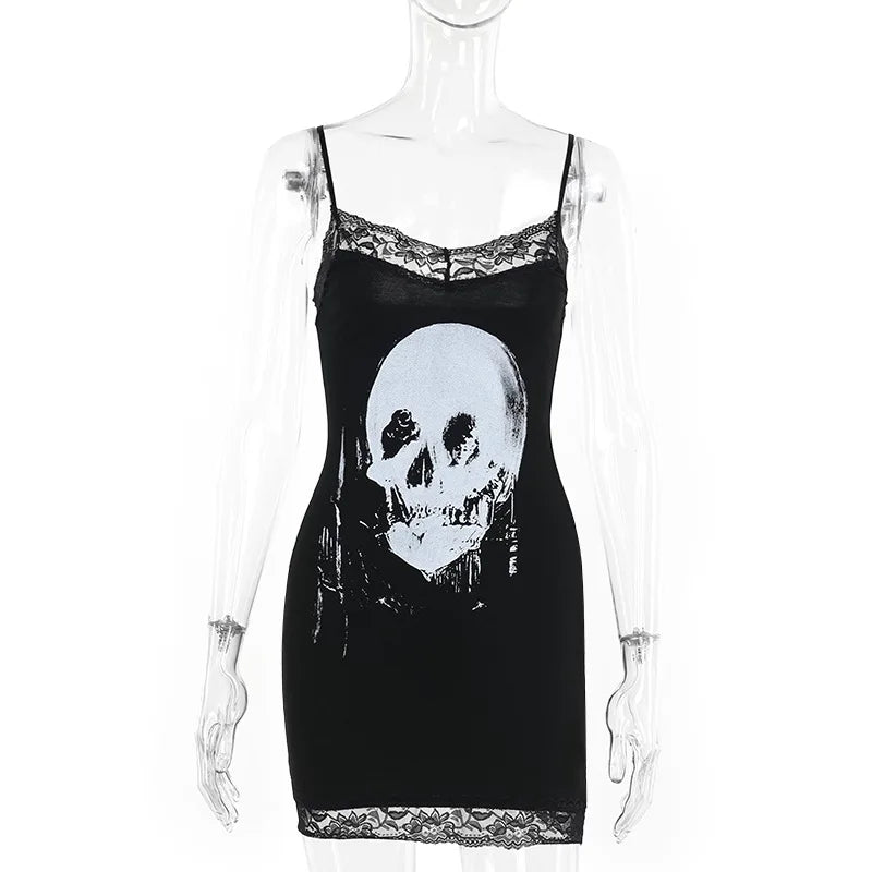 Streetwear Anime Skull Print Straps Mini Dress Fairy Lace Stitch Club Outfits Slim Sexy Bodycon Dresses Mall Gothic