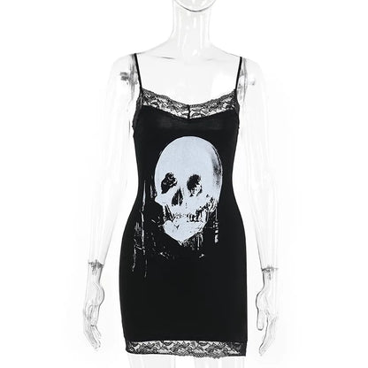 Streetwear Anime Skull Print Straps Mini Dress Fairy Lace Stitch Club Outfits Slim Sexy Bodycon Dresses Mall Gothic