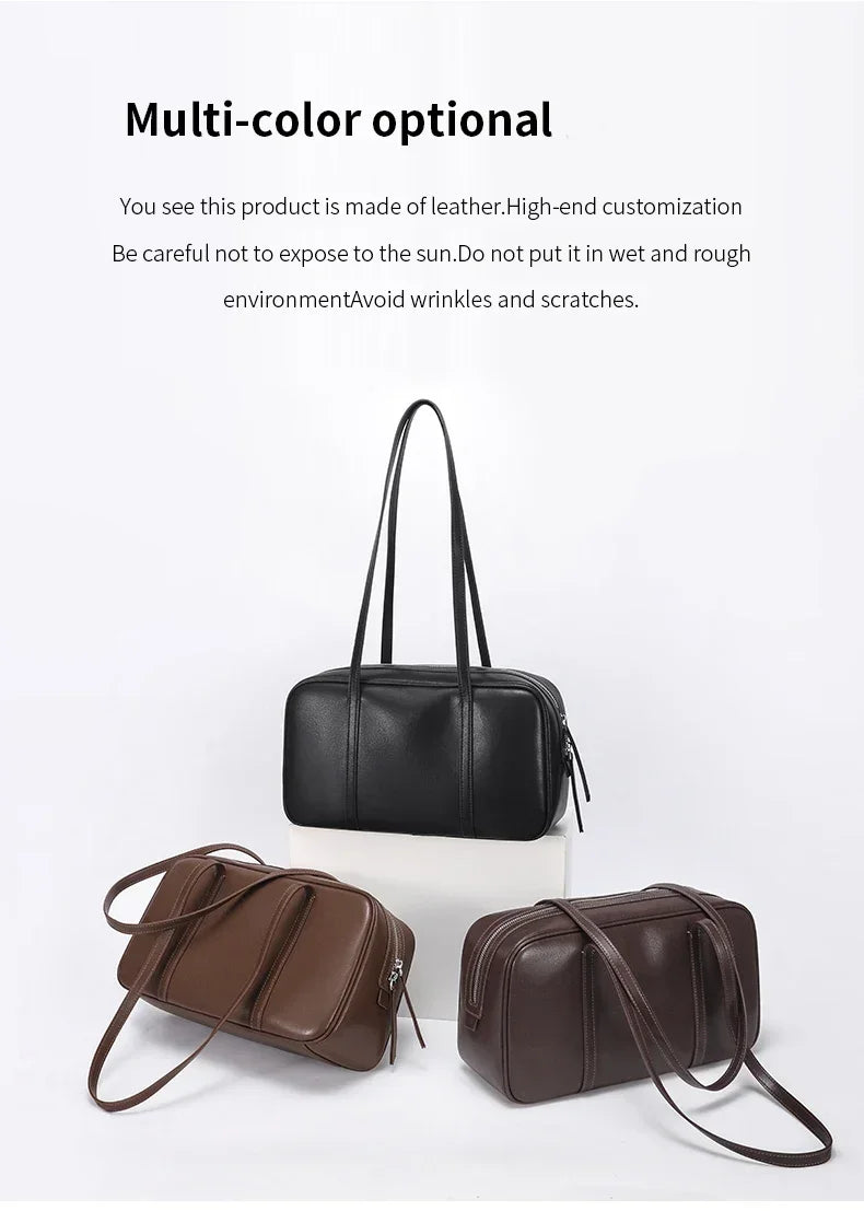 Women's Cow Genuine Leather Shoulder Bags Ladies Fashion Designer Luxury Handbags Female Retro Commute Boston Cowhide Handbag