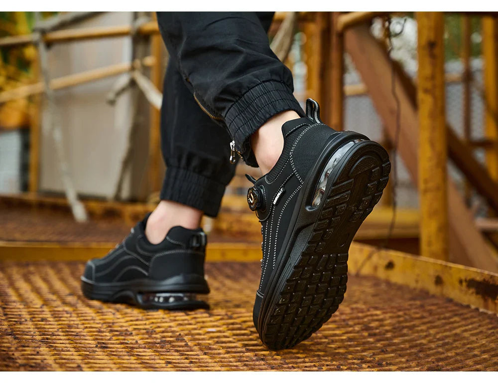 Men's Steel Toe Safety Work Boots Puncture Resistant Kevlar Midsole Air Cushioned Black Button Style Industrial Construction