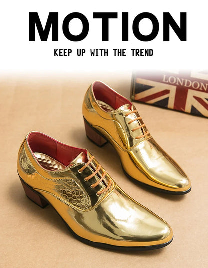 New 2025 Luxury Gold Men High Heel Leather Shoes Moccasins Designer Pointed Dress Shoes Men Wedding Formal Shoes Big Size 46