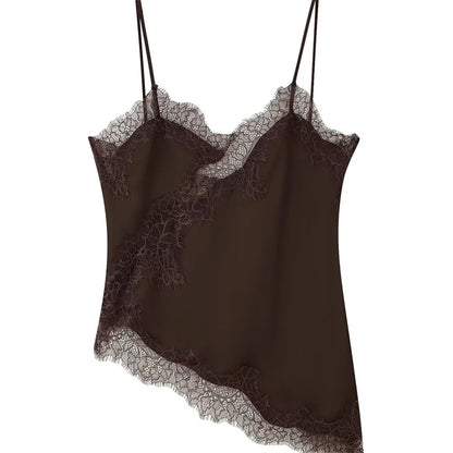 Women Lace Trim Satin Camisole V Neck Spaghetti Strap Backless Asymmetrical Tops Trendy Summer Streetwear