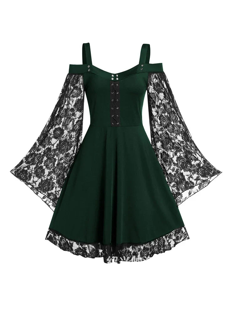 One-shoulder Lace Stitching Flared Sleeve Dress Literary Vintage Autumn Grunge Black A-line Dress Punk Partywear