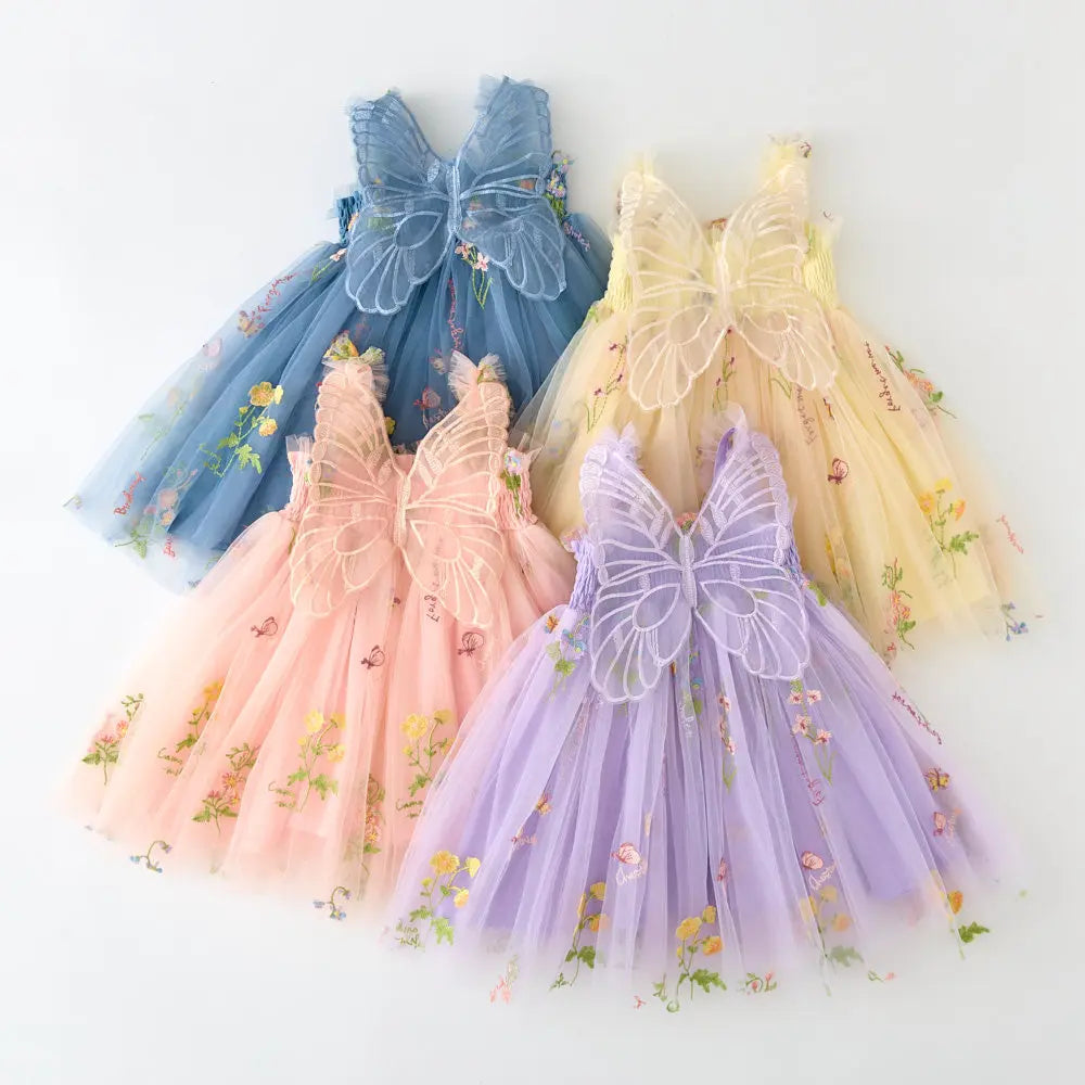 Girls Princess Dress with 3D Wings - Sparkle Tulle Sleeveless Gown, Fairy Puffy Party Dress for Birthday & Holiday