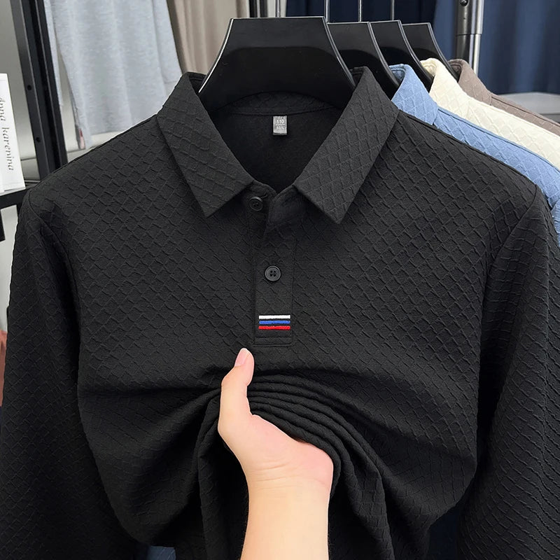 High quality fashion long sleeve polo shirt men's autumn new brand striped jacquard design Korean casual luxury lapel T-shirt