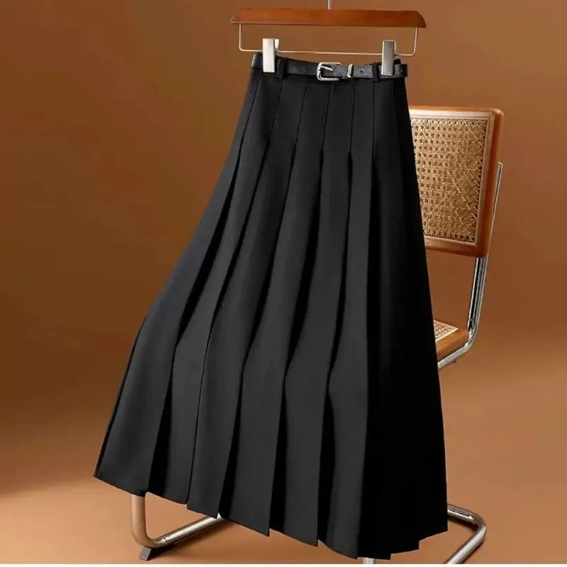 Gray Solid Folds Office Lady Casual High Waist A-line Loose Women's Skirt Mid-Calf Long Skirts For Women Clothing Fashion 2024