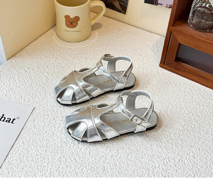 Kids Leather Cage Sandals for Girls 2025 Summer New Toddler Beach Shoes Non-slip Princess Elegant Retro Kid Garden Wedding Flats