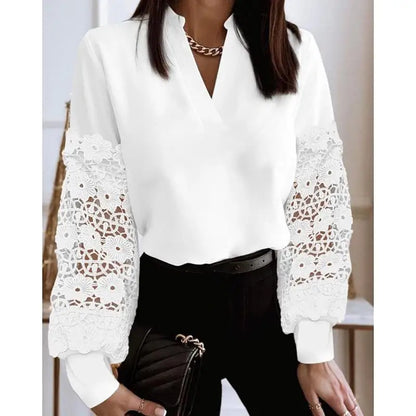 Elegant Retro Women's Long Sleeved Shirt V-neck Lace Fashionable Top for Ladies