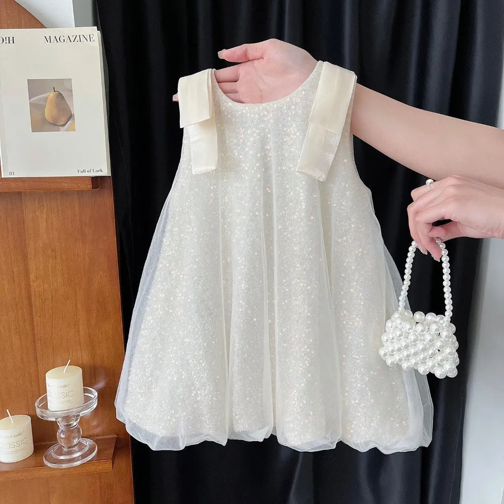 Plain Girls Clothes Summer Sleeveless Mesh Sparkling Princess Dresses Korean Version Birthday Wear Party Wedding
