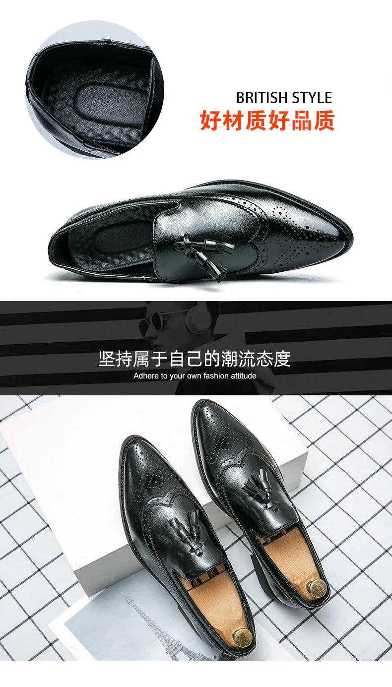 Pointed Toe Brogues Shoes Men Classic Casual Business Leather Shoes For Men Formal Social Party Leather Tassel Loafers Male